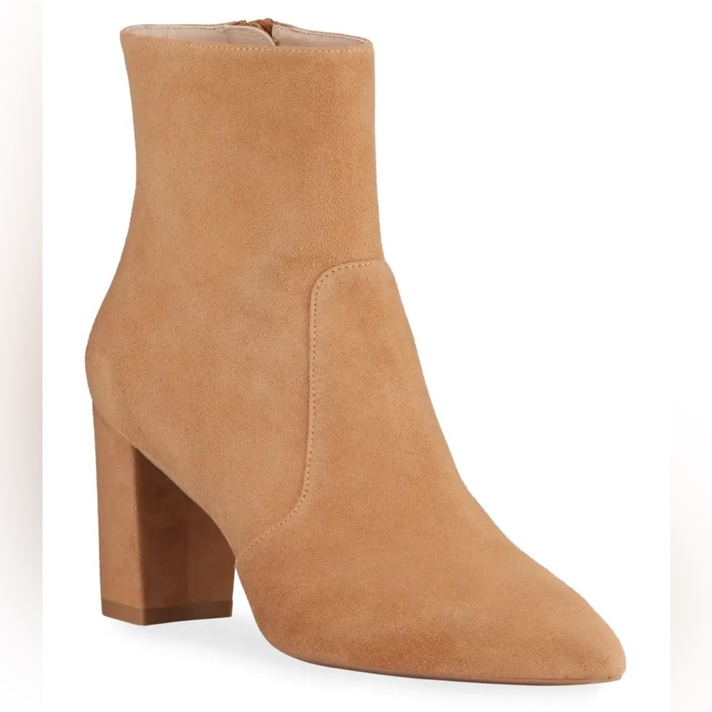 Stuart Weitzman Bina Block-Heel Suede Zip Booties in Tan, Size 5B/35 EU
